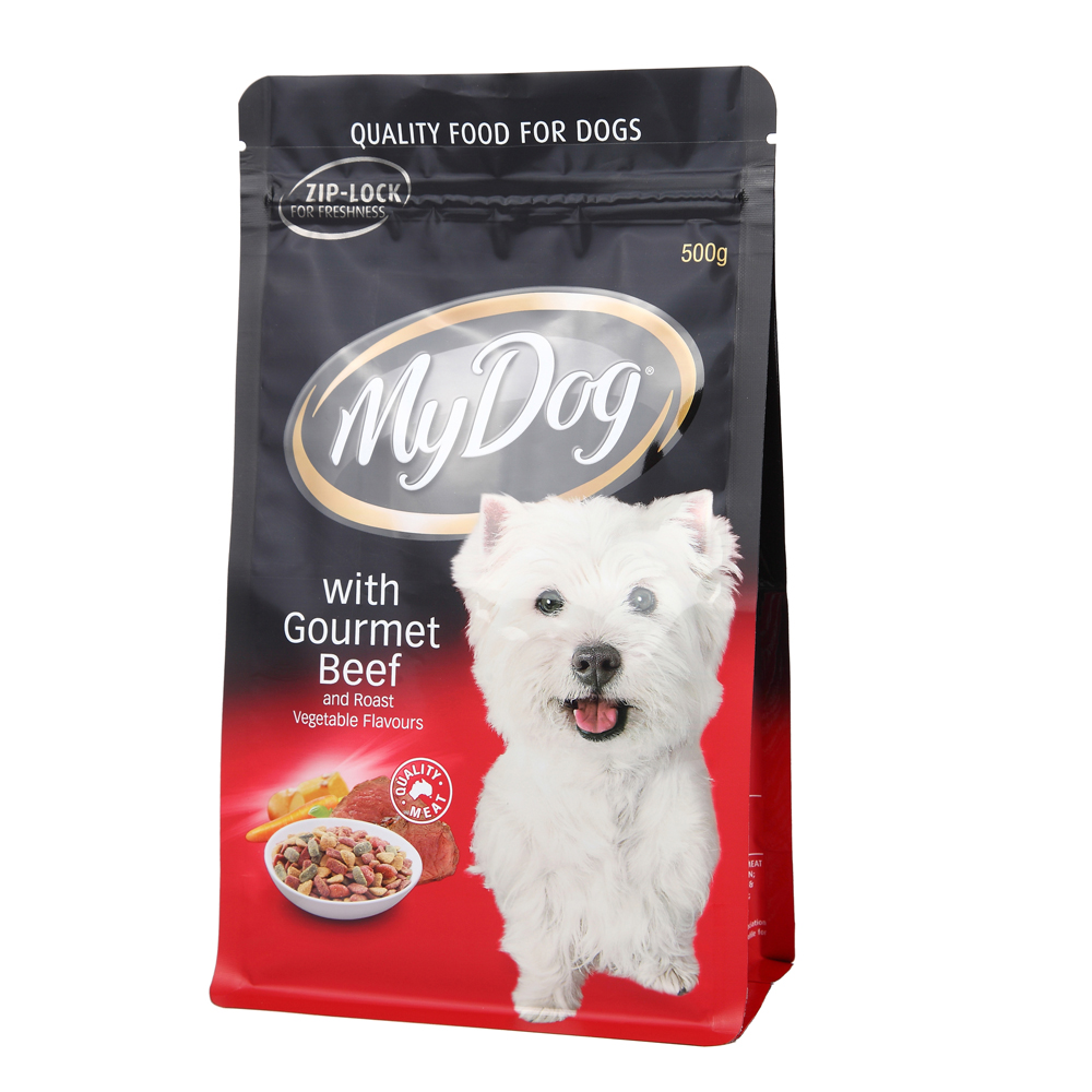 Bolsa de plástico con cremallera de fondo plano para alimentos para mascotas